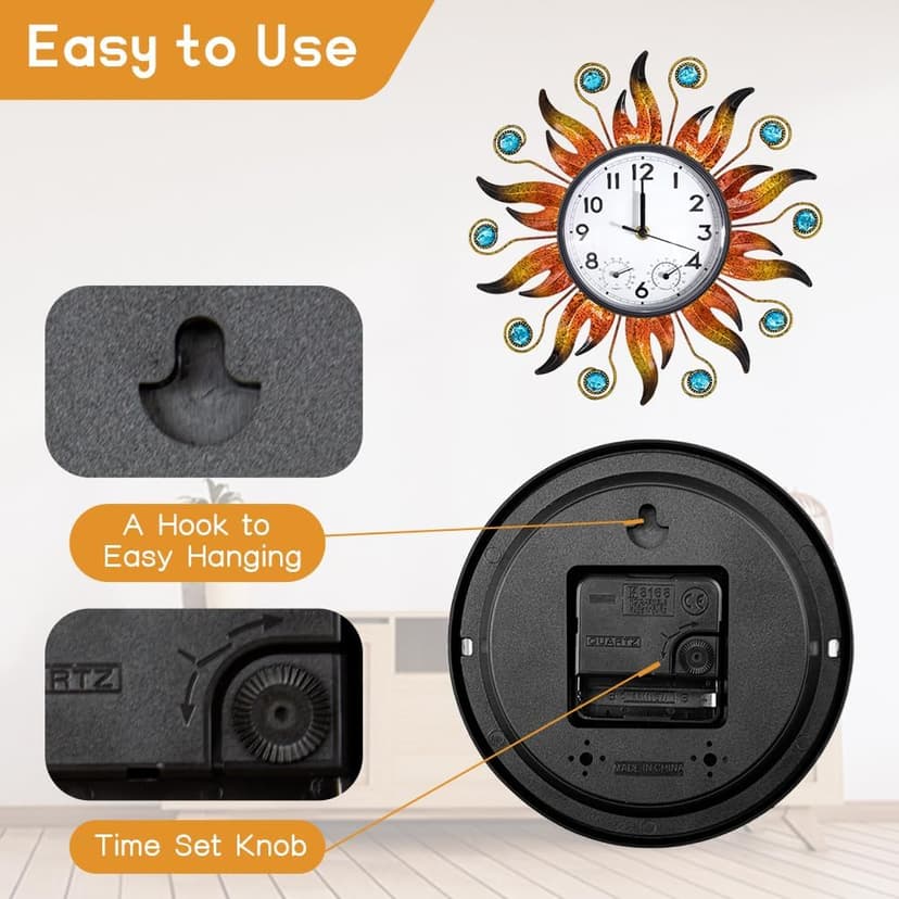 HOBYLUBY Sun Outdoor Clock with Thermometer and Hygrometer Combo, Silent No-Ticking Outdoor Wall Clock, Waterproof Quartz Clock for Patio, Living Room, Kitchen, Garden, 13 Inch