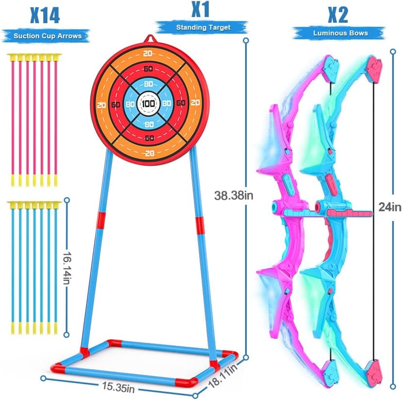 2 Pack of Kids Bow and Arrow Set, Light Up Archery Toy Set with 14 Suction Cup Arrows & Standing Target, Perfect Kids Indoor and Outdoor Toys for 4 5 6 7 8 9 10 Year Girls Boys Birthday Gifts Ideas