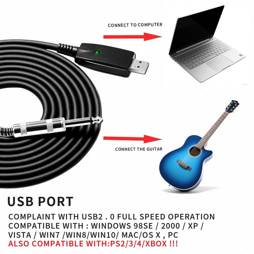 HixYaxi USB Guitar Cable USB to 6.35mm 1/4 Inch TS Audio Cable Guitar to Pc Interface for Instruments Recording Electric Guitar Cord 1/4 Inch Instrument Cable for Guitar, Bass and More - 10FT/3.1M