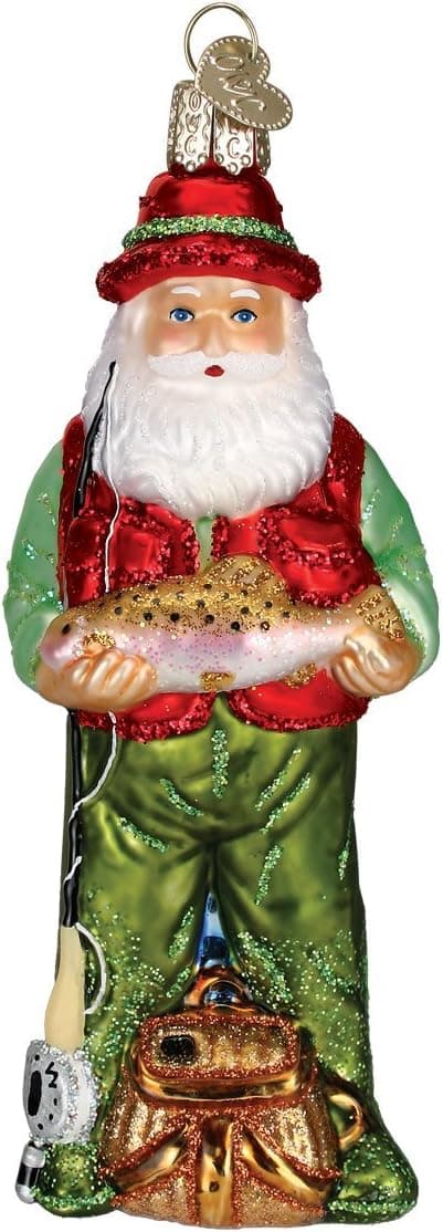 Old World Christmas Fly Fishing Santa Glass Blown Ornament for Christmas Tree, Handcrafted Holiday Decoration, Fisherman Collection