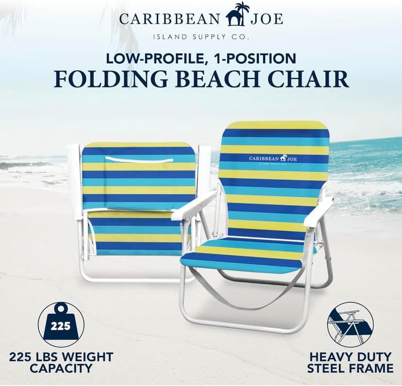CARIBBEAN JOE Folding Beach Chair, 1 Position Lightweight and Portable Foldable Outdoor Camping Accessories with Carry Strap (Bold Stripe, 200lbs Capacity)