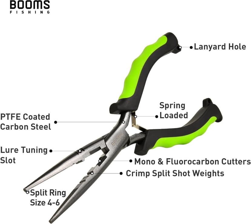 Booms Fishing F03 Needle Nose Fishing Pliers, 9" Fisherman's Pliers, Long Nose Hook Remover, Saltwater Resistant Fishing Gear, Green