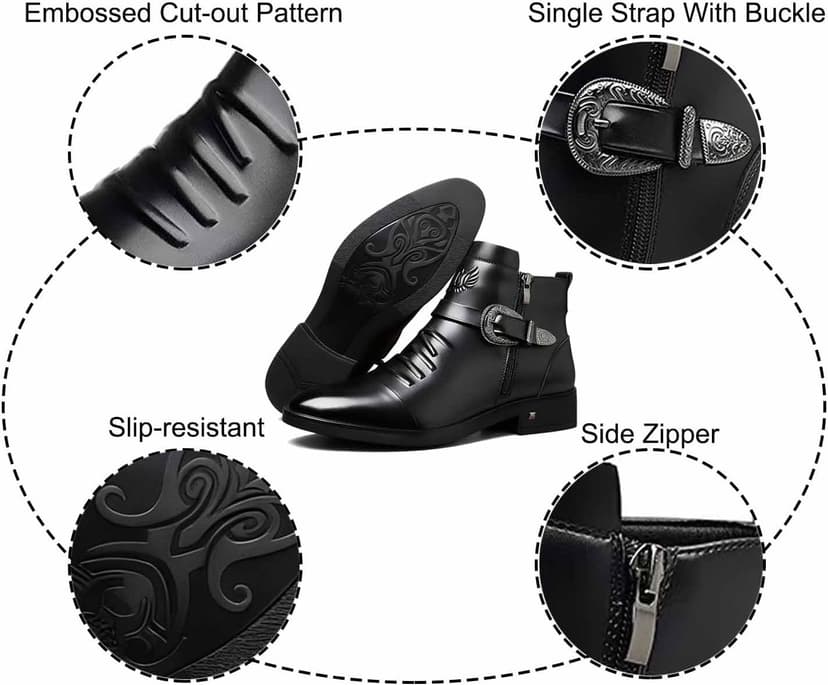 DONRRNDK Men's Leather Embossed Pattern Ankle Boots with Buckle Strap Retro Round Toe Side Zipper Non Slip Block Low Heel Dress Booties for Formal Casual Wear Short Boots