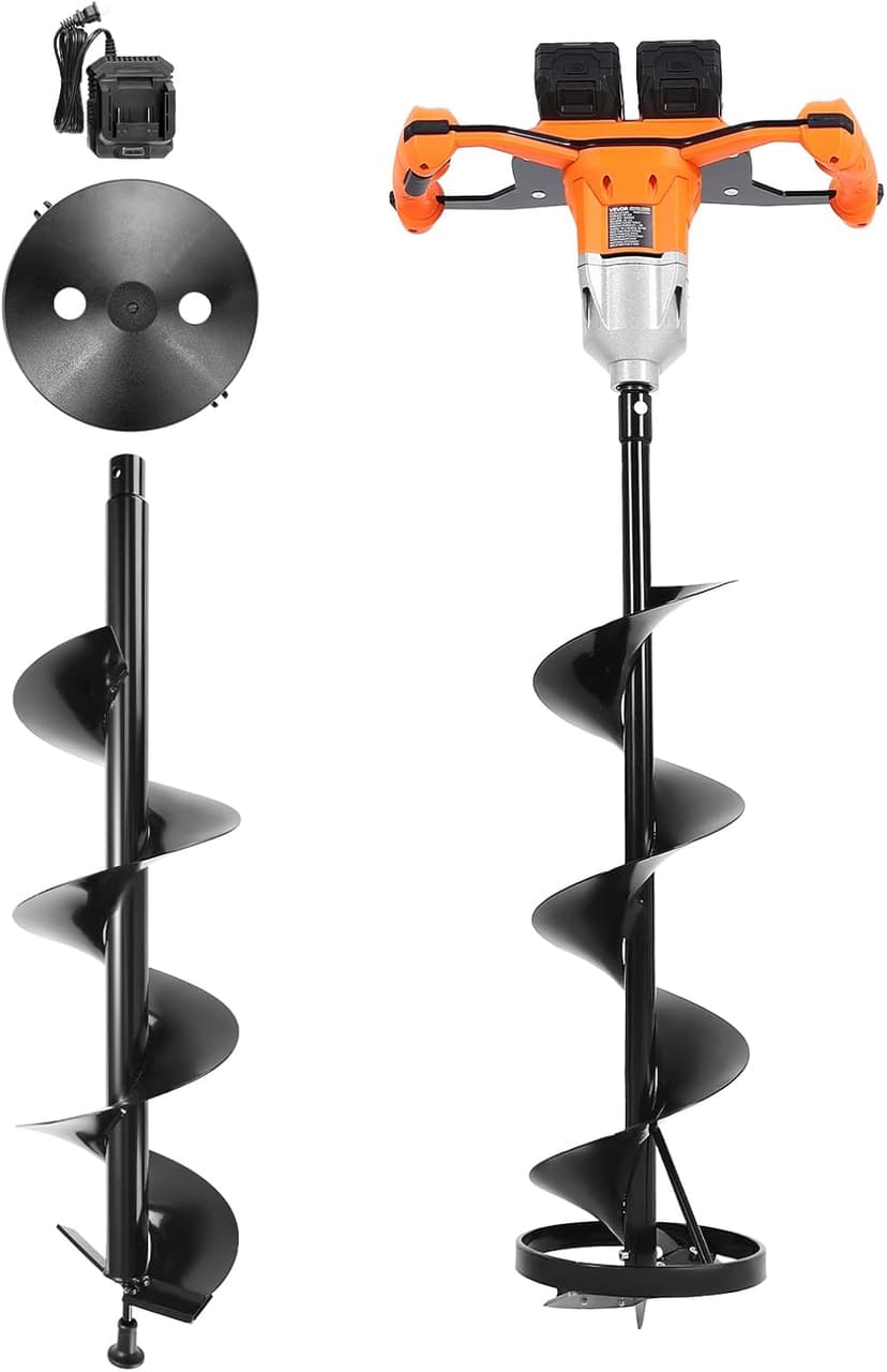 VEVOR 20V/40V Electric Ice Auger, 8 inch Diameter, 2 in 1 Battery Powered Ice Fishing Augers and Earth Auger Combo with Top Plate, Turbo High-Speed Cutting System and Blade Guard