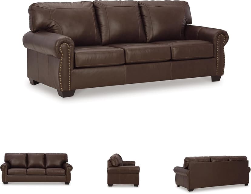 Signature Design by Ashley Colleton Classic Leather Match Sofa with Nailheads, Dark Brown