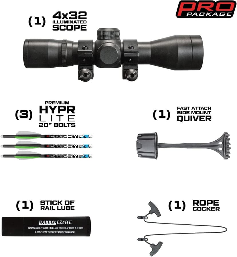 Killer Instinct Boss 405 Crossbow Pro Package with 4x32 IR-W Scope, Rope Cocker, String Suppressors, 3-Bolt Quiver, 3 Hypr Lite Bolts and Field Tips, Stick of Rail Lube