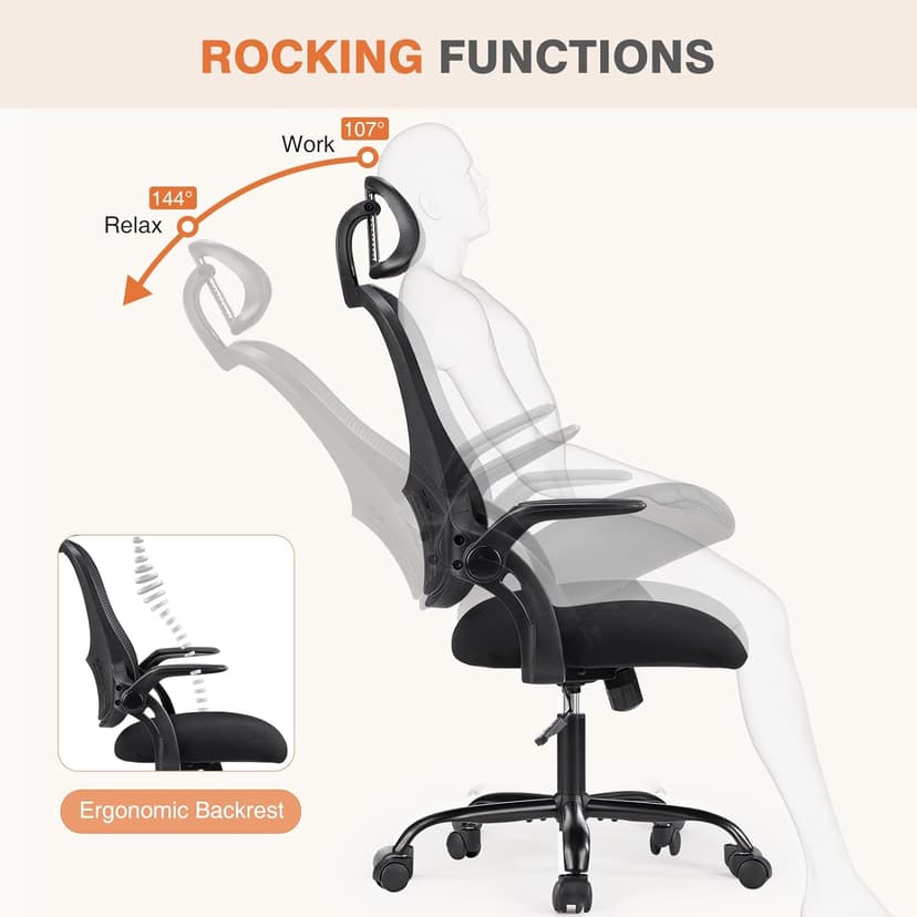 Sweetcrispy Home Office Managerial Executive Chair, High-Back Mesh with Adjustable Headrest, Flip-up Armrest Comfortable Lumbar Support, Comfy Arms for Bedroom,Study,Student