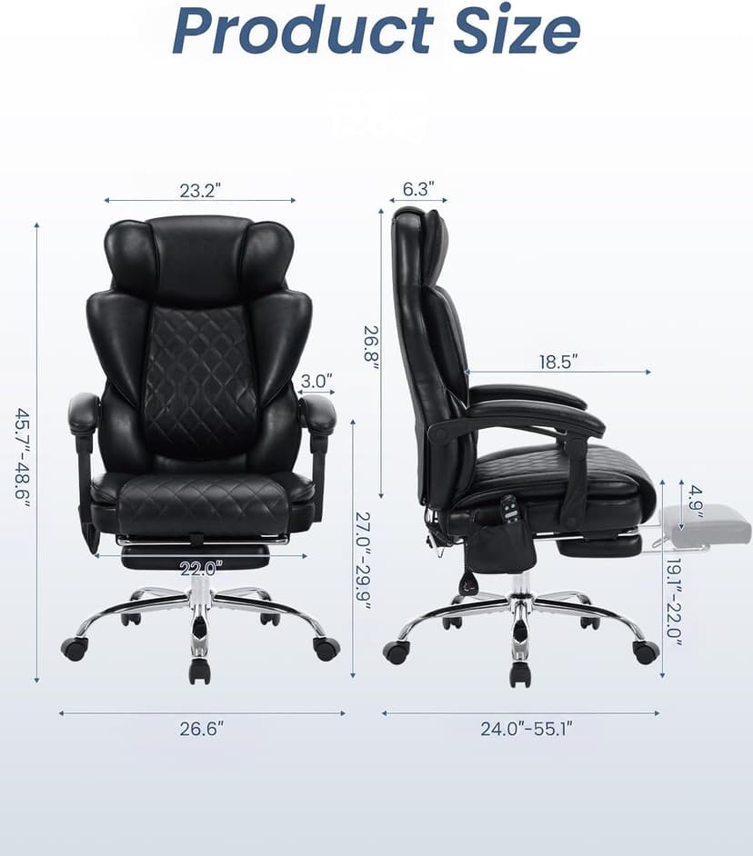 500LBS Massage Office Chair with Foot Rest, 6 Points Vibration and Heat Home Office Desk Chairs, 22.05” Wide Big and Tall Office Chair for Heavy People, Ergonomic Reclining Gaming Chairs, Black