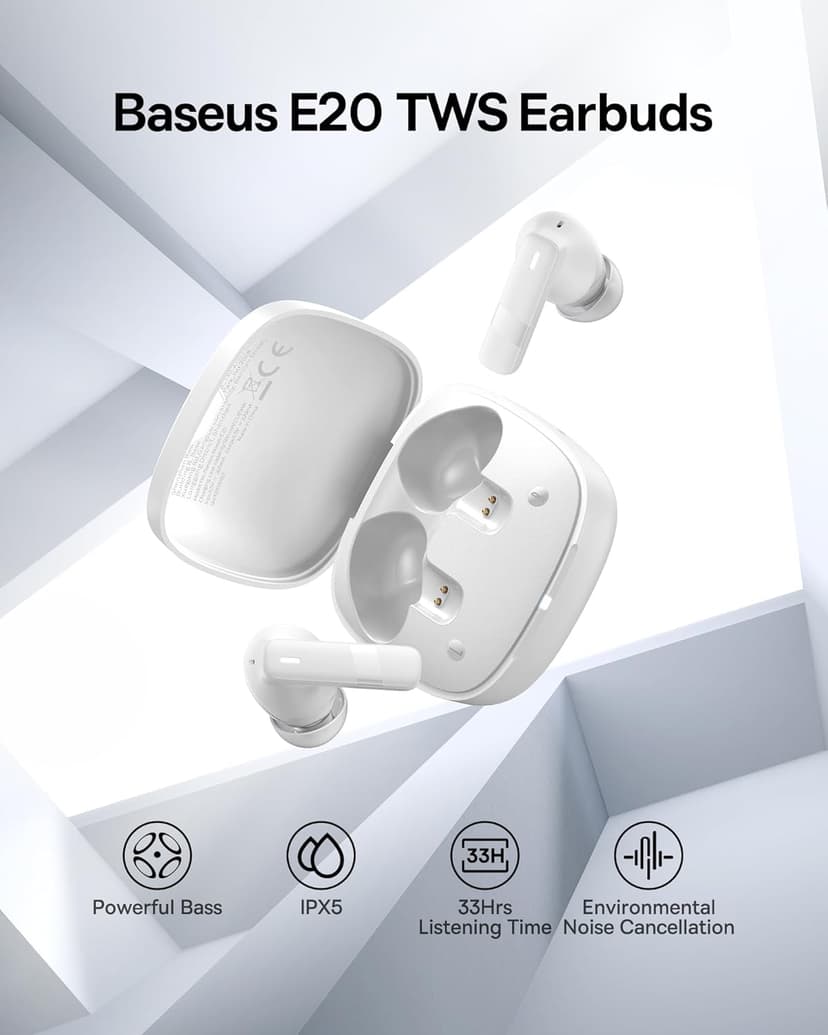 Baseus E20 True Wireless Earbuds, 12mm Drivers with Powerful Bass, 33H Long Playtime, IPX5 Water-Resistant, 2 ENC Mics for Clear Calls, Bluetooth 5.3 Headphones in-Ear Ear Buds