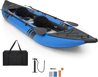 GYMAX Inflatable Kayak, 12.5Ft 507lbs Tandem Kayak with 2 Aluminum Paddles, 2 Padded Seats, Footrests, 2 Fins, Hand Pump, Carry Bag & Repair Kit, 2 Person Fishing Touring Kayak for Adults