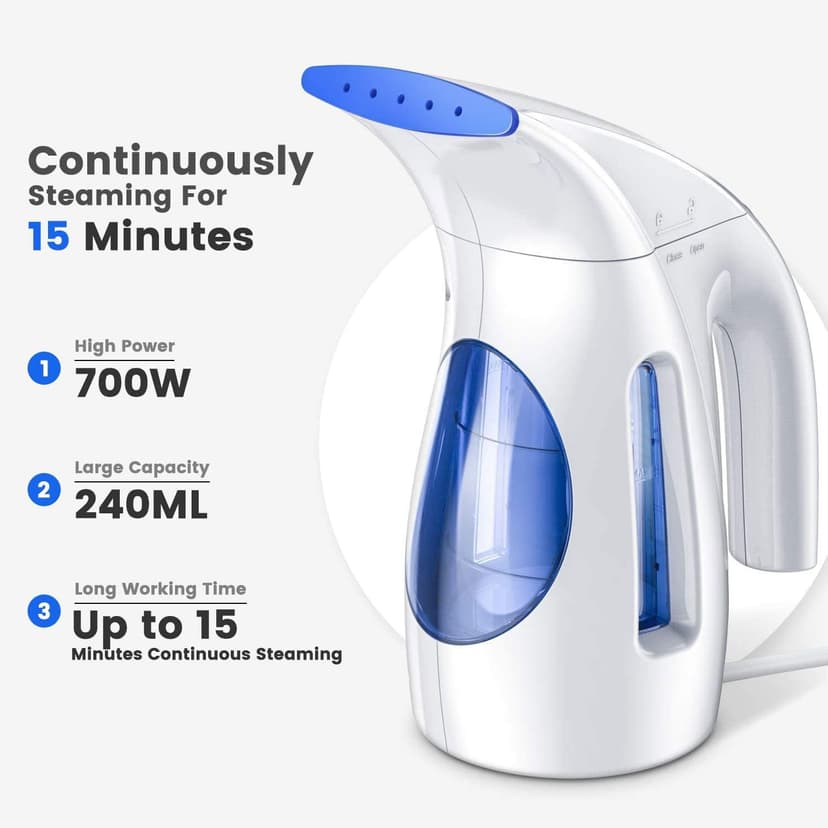 HiLIFE Steamer for Clothes, Portable Handheld Clothing Steamer, 240ml Big Capacity, 700W, Strong Power, Fabric Quick Wrinkle Remover for Home, Office, Travel (ONLY FOR 120V)-Blue