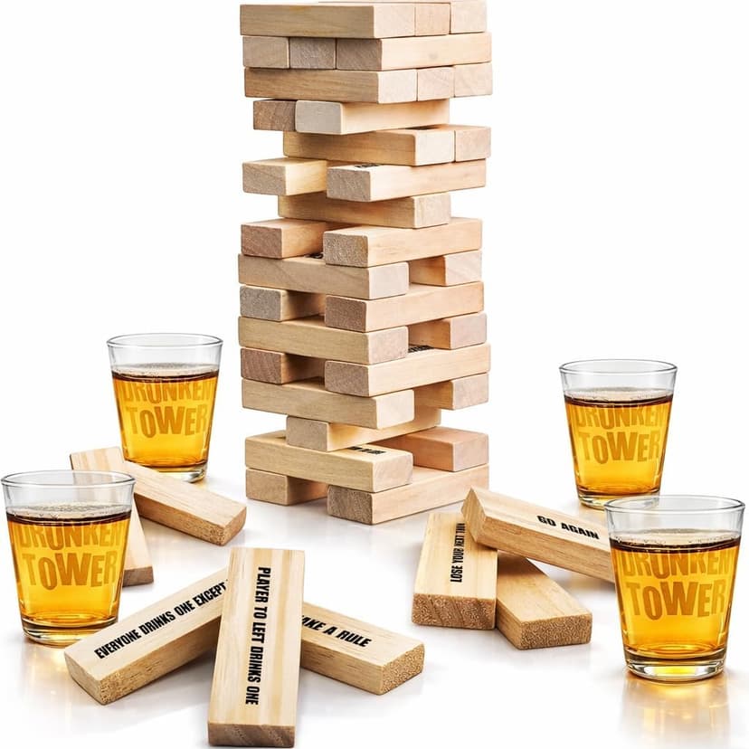ArtCreativity Tumbling Tower Drinking Games for Adults, with 4 Glasses and 48 Wooden Blocks with Challenges, Fun House Adult Party Games for Game Night, Great Gift Idea for Everyone