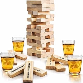 ArtCreativity Tumbling Tower Drinking Games for Adults, with 4 Glasses and 48 Wooden Blocks with Challenges, Fun House Adult Party Games for Game Night, Great Gift Idea for Everyone