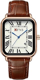 CARLIEN Mens Vintage Dainty Rectangle Square Leather Strap Simple Full Roman Numerals Dial Quartz Watch Gold Silver Tone Case Business Fashion Dress Wristwatch