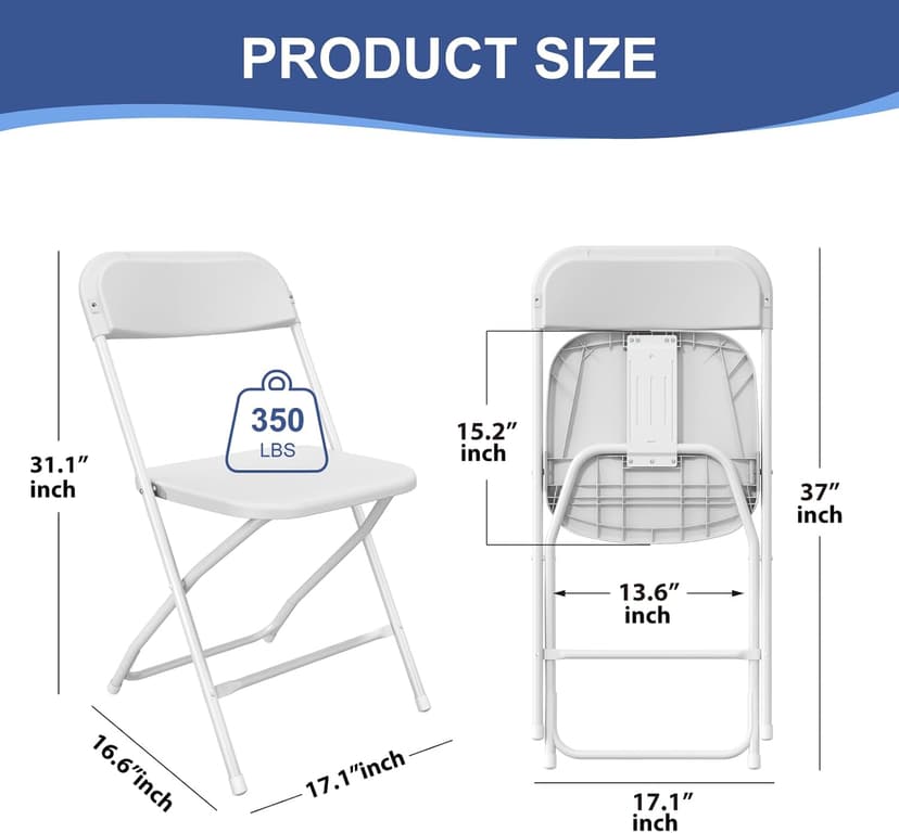 White Folding Chairs 2 Pack, Plastic Folding Chairs Outdoor Indoor, 350lb Capacity, Portable Event Chair, Lightweight Folding Chair, for Events Office Wedding Party Rental Picnic Patio