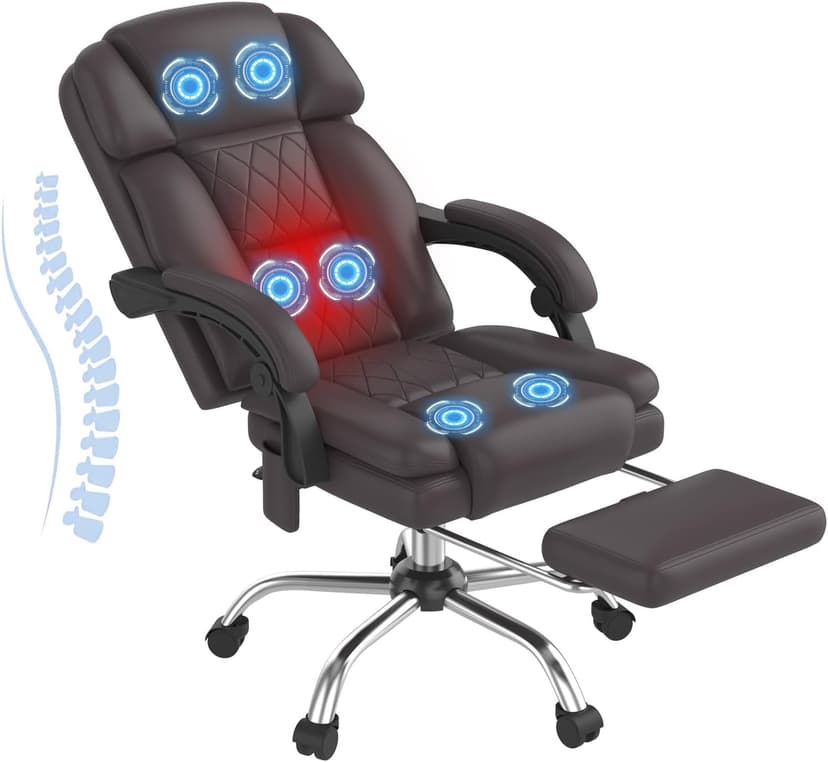 HOMREST 6-Point Massage Office Chair with Heat, Ergonomic Reclining Desk Chair with Footrest, PU Leather Executive Chairs for Home Office, Massaging Computer Chair Gift for Men, Brown