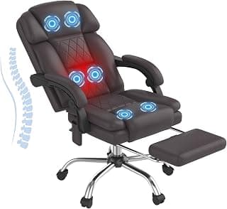 HOMREST 6-Point Massage Office Chair with Heat, Ergonomic Reclining Desk Chair with Footrest, PU Leather Executive Chairs for Home Office, Massaging Computer Chair Gift for Men, Brown