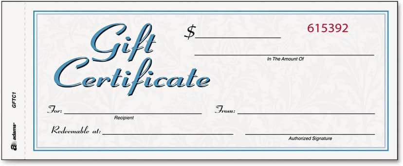 Adams Gift Certificate Book, Carbonless, Single Paper, 3.4 x 8 Inches, White/Canary, 2-Part, 25 Numbered Certificates Plus Store Sign (GFTC1)