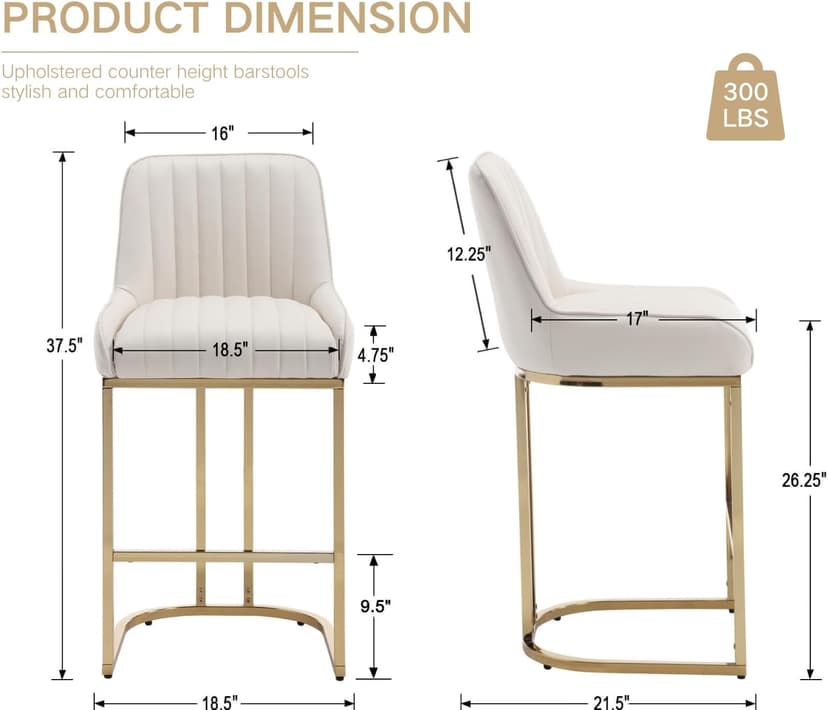 CIMOTA Counter Height Bar Stools Set of 2 with Back Modern Kitchen Counter Stools with Gold Legs Leather Island Chairs Comfy Stripe Barstools for Breakfast Bar, 26 Inch/PU Beige
