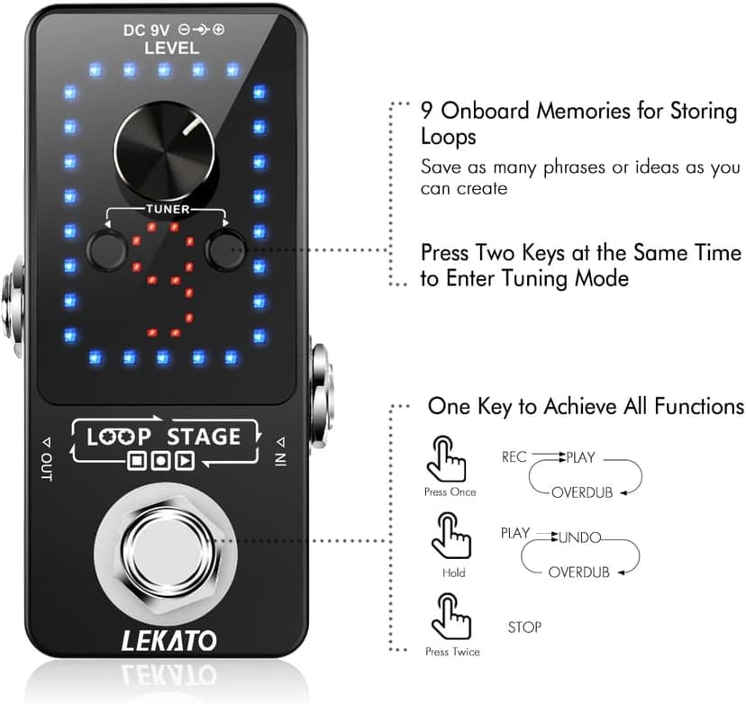 LEKATO Looper Guitar Pedal Guitar Loop Pedal Tuner Pedal 9 Loops 40 Minutes Record Time Unlimited Overdubs for Electric Guitar Bass (Black)