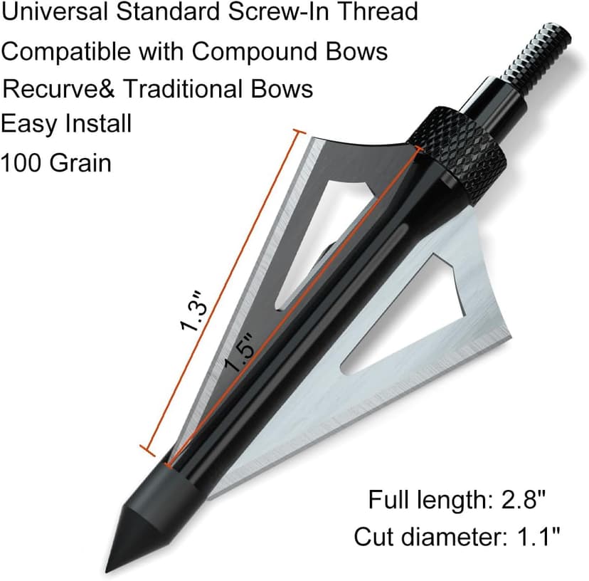 Hunting Broadheads, 12PK 3 Blades Archery Broadheads 100 Grain Screw-in Arrow Heads Arrow Tips Compatible with Traditional Bows and Compound Bow