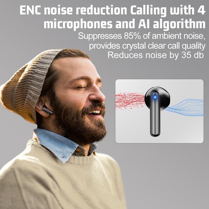 JBES Bluetooth Earbuds Wireless Headphones, 60H Deep Bass Ear Buds with 4 Noise Cancelling Microphone, IP5 Waterproof Earphones for iPhone Android Sports audifonos Bluetooth inalambricos (Black Deep)