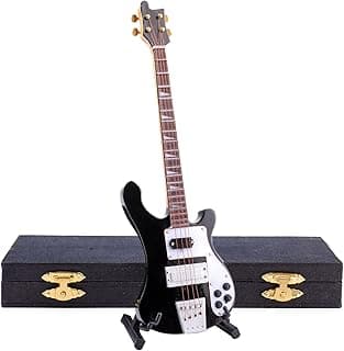 Dselvgvu Wooden Miniature Electric Bass Guitar with Stand and Case Mini Musical Instrument Electric Bass Guitar Replica Collectible Figurines Model Home Decoration Birthday Gifts (7.87"x2.36"x0.35")