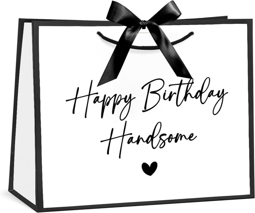 Loveinside 13" Large Birthday Gift Bag, White & Black Happy Birthday Handsome Elegant Script Design Party Bag with Bow Ribbon for Men, Husband, Boyfriend, Party Gift, 13" x 5" x 10", 1 Pcs B0GGZD2DT9