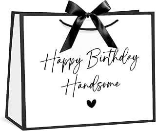 Loveinside 13" Large Birthday Gift Bag, White & Black Happy Birthday Handsome Elegant Script Design Party Bag with Bow Ribbon for Men, Husband, Boyfriend, Party Gift, 13" x 5" x 10", 1 Pcs B0GGZD2DT9