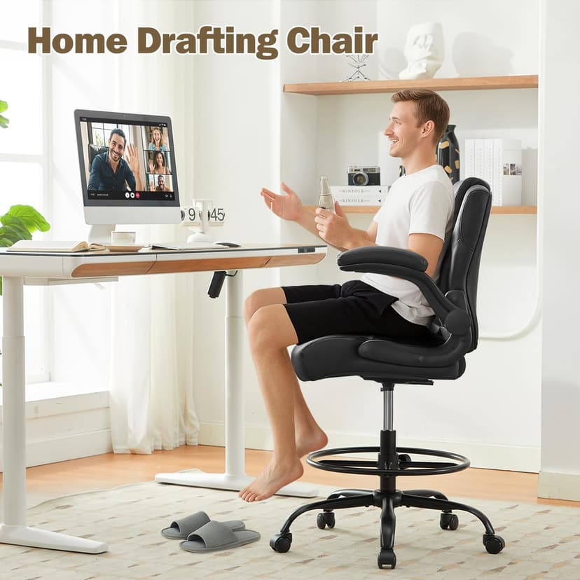 Ergonomic Drafting Chair,Tall Office Chair for Standing Desk with Flip-Up Armrests,Adjustable Foot Ring & Height, High Leather Executive Office Chair for Home,Drawing or Counter Height Use
