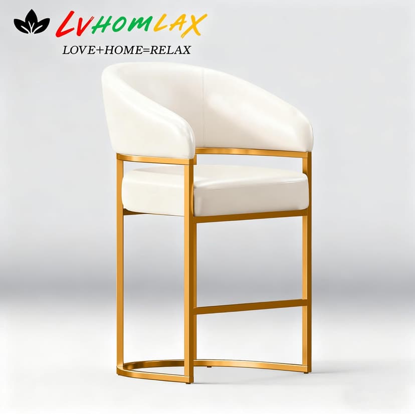 Modern Counter Height Bar Stools,Bar Stools Set of 3,PU Leather Upholstered Barrel Barstools with Backs,26" Kitchen Island Chairs,Metal Gold Frames,Beige White Leather