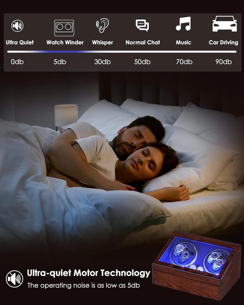 BEWISHOME BEWISHOME Watch Winders for Automatic Watches, Automatic Watch Winder Box Watch Spinner with LED Light, 4 Watch Winder with Quiet Running Motor and 6 Storage Case for Man/Woman's Watches, Brown SYQ01Y