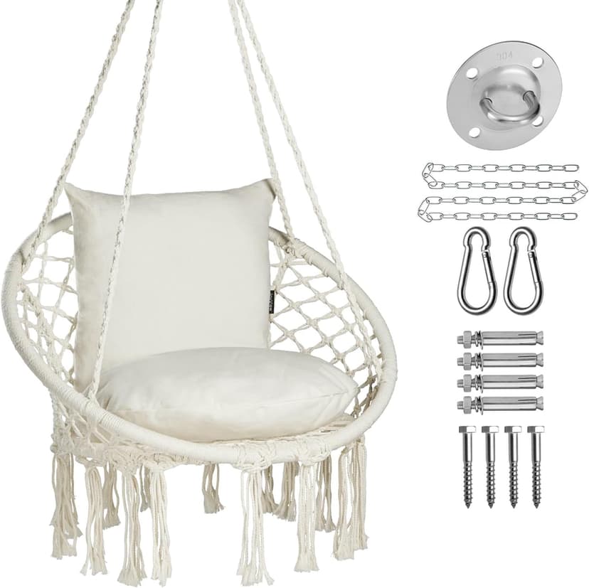 JoyView Macrame Hammock Chair Hanging Swing Chair Max 330 Lbs with 2 Cushions and Hardware Kits for Indoor Outdoor Bedroom Patio Garden - Beige