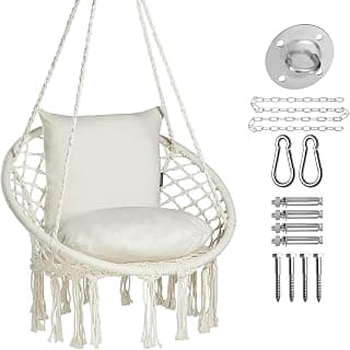 JoyView Macrame Hammock Chair Hanging Swing Chair Max 330 Lbs with 2 Cushions and Hardware Kits for Indoor Outdoor Bedroom Patio Garden - Beige