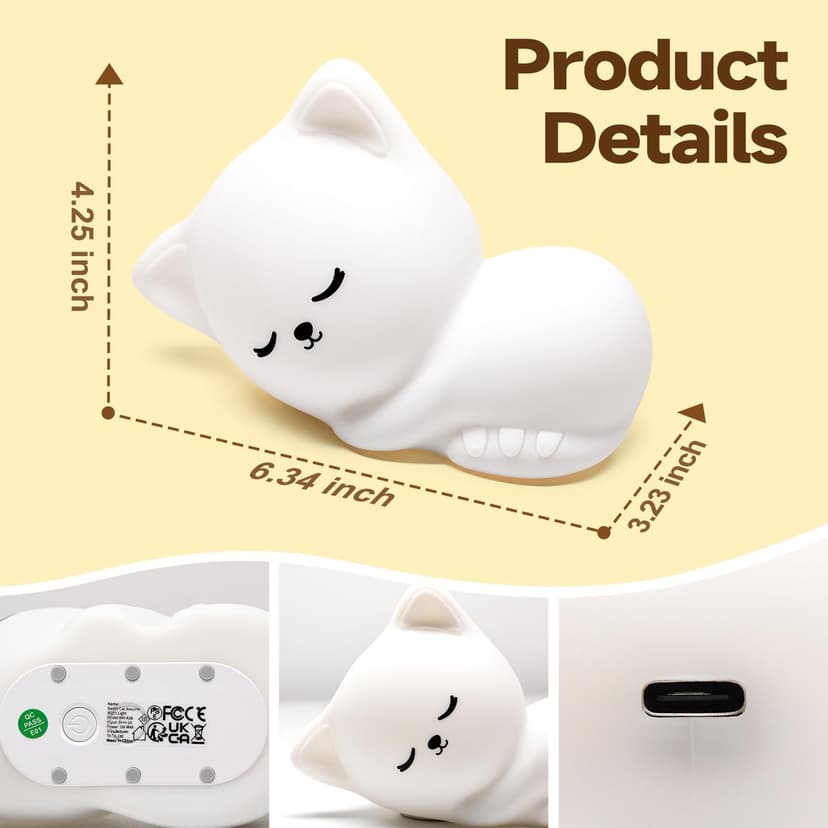 5-Level Dimmable Tap Night Light with Rechargeable Battery. Cute Stuff,Cat Room Decor & Gifts for Women,Adults, Teens & Kids. Mubarek Sleepy Cute Cat Gifts - 16-Color Silicone Night Light with Remote B0D8QGT88D