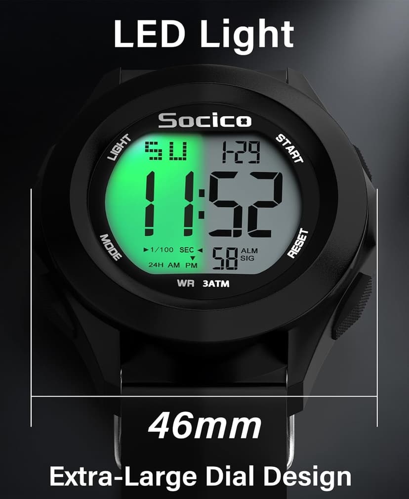 SOCICO Mens Digital Watch Sports Waterproof Outdoor Large Face Military Watches with Stopwatch Back Light Alarm Date Display