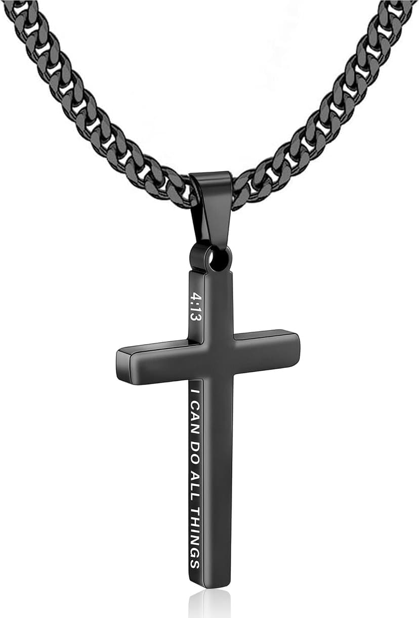 Gnamy Cross Necklace for Men Boys Stainless Steel Bible Verse Cross Pendant with Cuban Link Chain (22+2 Inches) | Christian Religious Jewelry Gifts B0FQHXFGM5