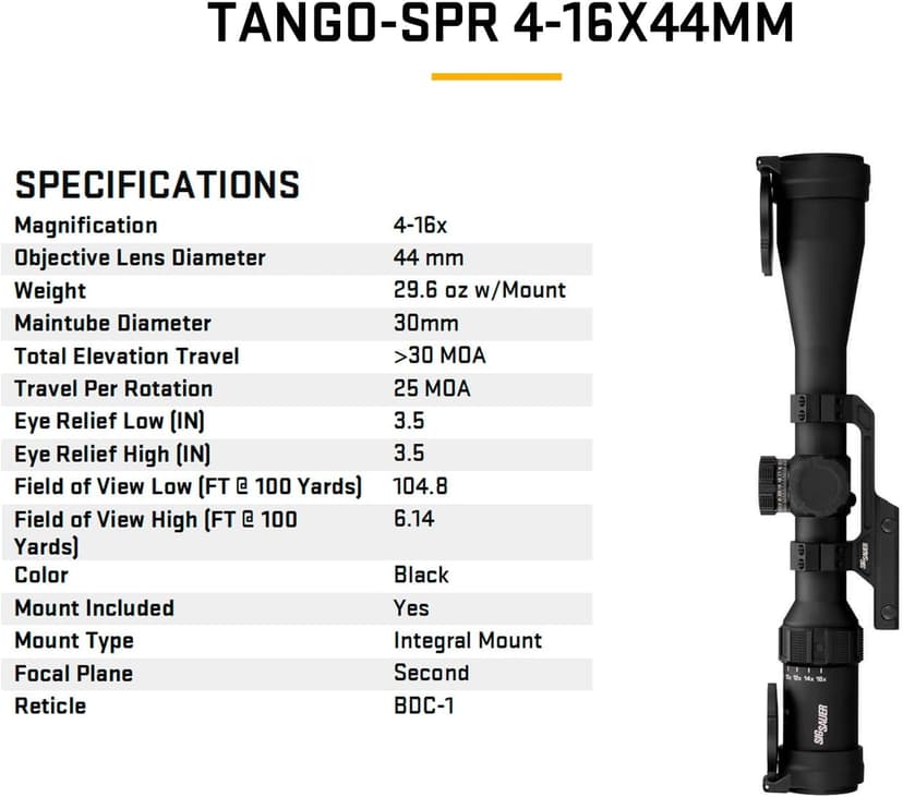 SIG SAUER Tango-SPR 4-16x44mm 30mm Tube Second Focal Plane/SFP/F2 Shockproof Waterproof Fogproof Tactical Riflescope | MOA BDC-1 Reticle, SPR Scope Mount, Flip-Back Caps Included, SOTS44000
