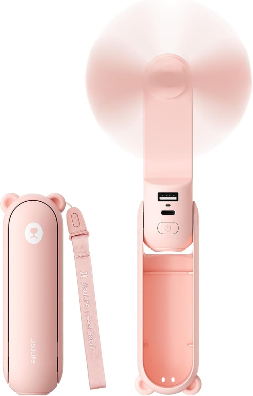 JISULIFE Handheld Mini Fan, 3 IN 1 USB Rechargeable Portable Fan [12-19 Working Hours] with Power Bank, Flashlight, Pocket Design for Travel/Summer/Concerts/Lash, Gifts for Women (Pink)