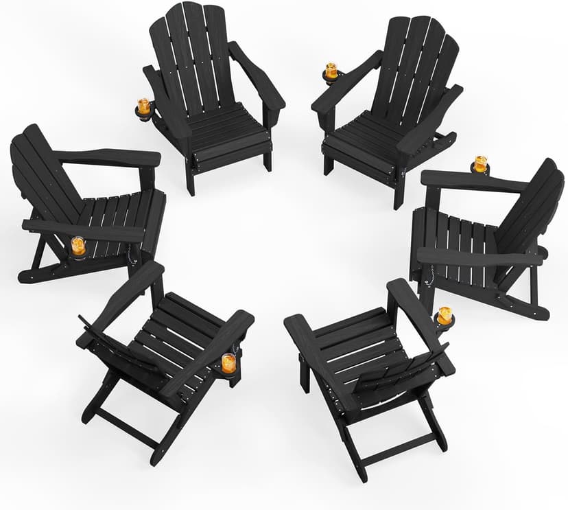 KINGYES Folding Adirondack Chair Set of 6, HDPE All-Weather Patio Chairs, Wooden Textured Lawn Chair for Poolside, Backyard, Deck, Fire Pit, Black