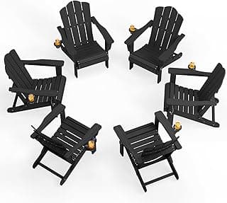 KINGYES Folding Adirondack Chair Set of 6, HDPE All-Weather Patio Chairs, Wooden Textured Lawn Chair for Poolside, Backyard, Deck, Fire Pit, Black