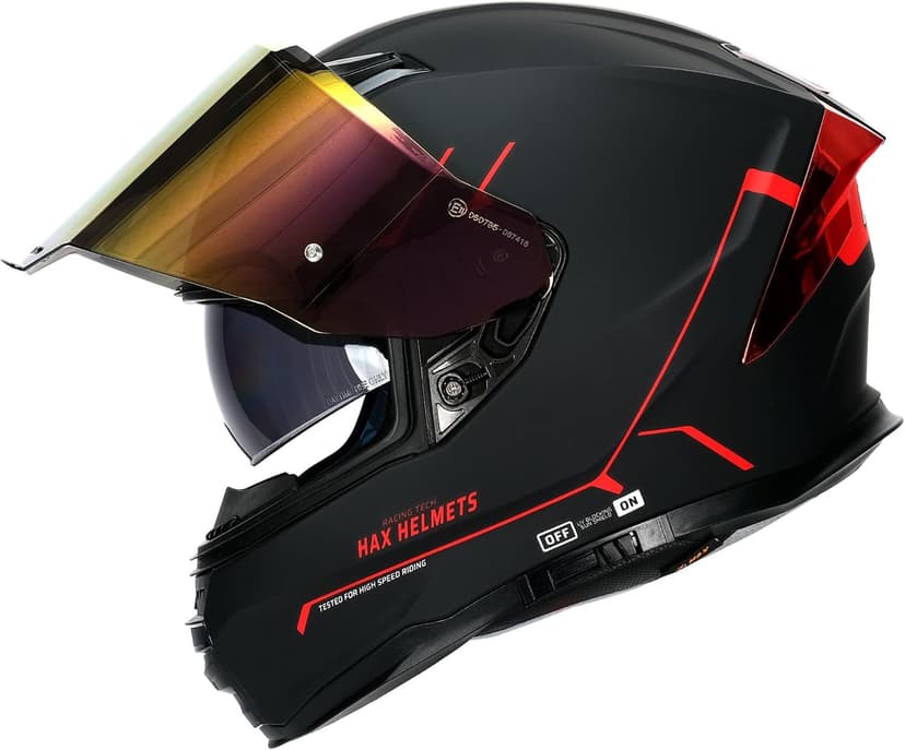 HAX Force Aerodynamic Full Face Helmet for Street & E-Bikes DOT & ECE Certified - Enhanced Dual Visor, Adult Size, Pinlock Ready Matte Black Red M