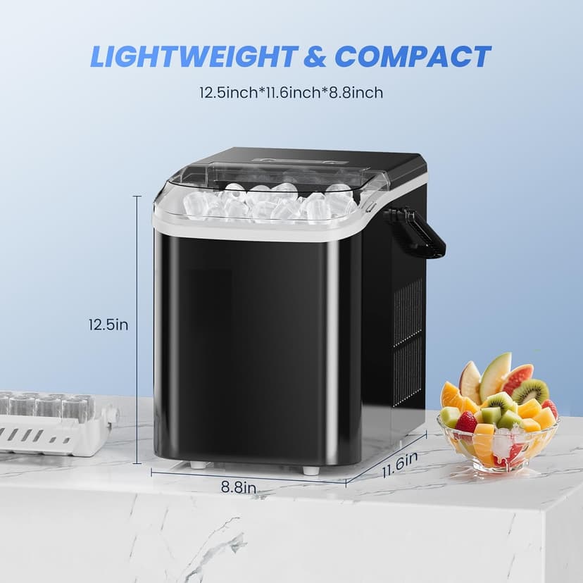 NEWBULIG Ice Makers Countertop with Handle, Portable Ice Machine, 9 Bullet Cubes in 6 Mins, 26lbs in 24Hrs, Auto-Cleaning, with Basket and Scoop, for Home, Kitchen, RV, Camping, Black