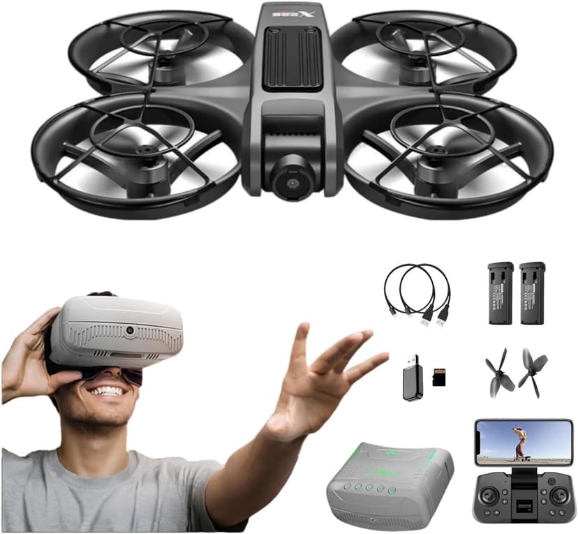 VR FPV Drone, Experience First-Person View Flight, Comes With a VR Goggle Kit and Remote Controller. The Drone Features a Full Propeller Protection Guard and Collision-Resistant Structure, Making It Easy to Operate and Perfect for Beginners. Equipped With an Optical Flow Positioning System and Brushless Motors for Smoother and More Precise Flight. FPV Quadcopter for Entertainment or as a High-Performance Remote Control Helicopter.