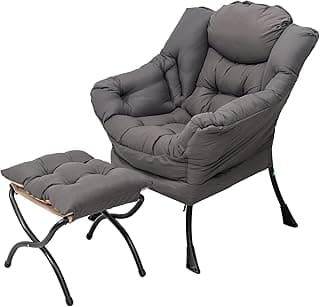 Welnow Lazy Chair with Ottoman, Modern Accent Chair with Armrests and a Side Pocket, Leisure Sofa Armchair, Reading Armchair with Footrest for Small Space, Dark Grey