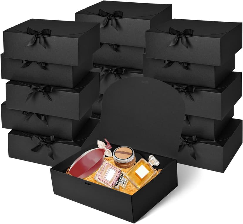 12Pack Black Gift Boxes with Lids, 12×9.8×3.1 Inch Groomsmen Proposal Box, Luxury Black Gift Box with Ribbon for Bridesmaid Box, Graduation, Christmas, Wedding, Birthday, Party