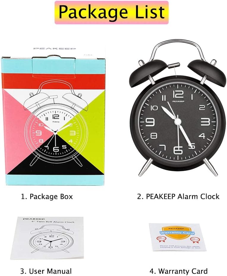 Peakeep 4 Inches Twin Bell Loud Alarm Clock for Heavy Sleepers, Backlight, Battery Operated Old Fashioned Alarm Clock for Bedrooms (3D-Dial, Black)