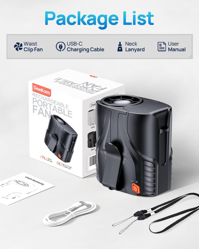 Portable Personal Waist Fan& Neck Fan, 14000RPM Brushless Motor, 40H Runtime Rechargeable, 6-Speed Quiet Operation, Clip-On Personal Body Cooling for Camping/Worksites/Outdoor B0DYNQ67CC