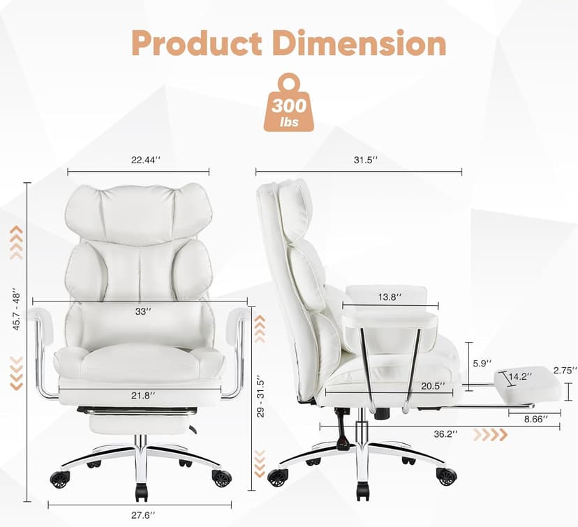 Sweetcrispy Executive Home Office Desk Chair - Ergonomic Big Tall High Back with Footrest & Lumbar Support, Reclining Height Adjustable, Comfy PU Leather Computer Gaming with Swivel Wheels, White