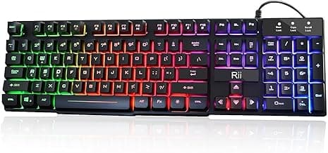Rii RK100+ Multiple Color Rainbow LED Backlit Large Size USB Wired Mechanical Feeling Multimedia PC Gaming Keyboard,Office Keyboard for Working or Primer Gaming,Office Device